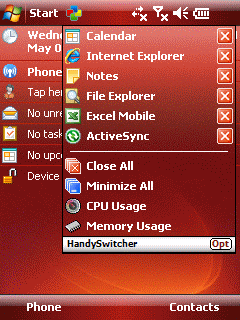 HandySwitcher 3: a red menu of running programs, each with a close button, then Close All and Minimize All.