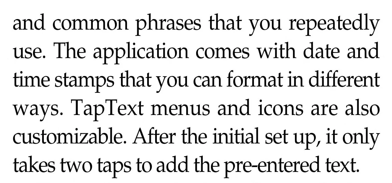 The TapText entry, continued: date and time stamps, your own menus and icons