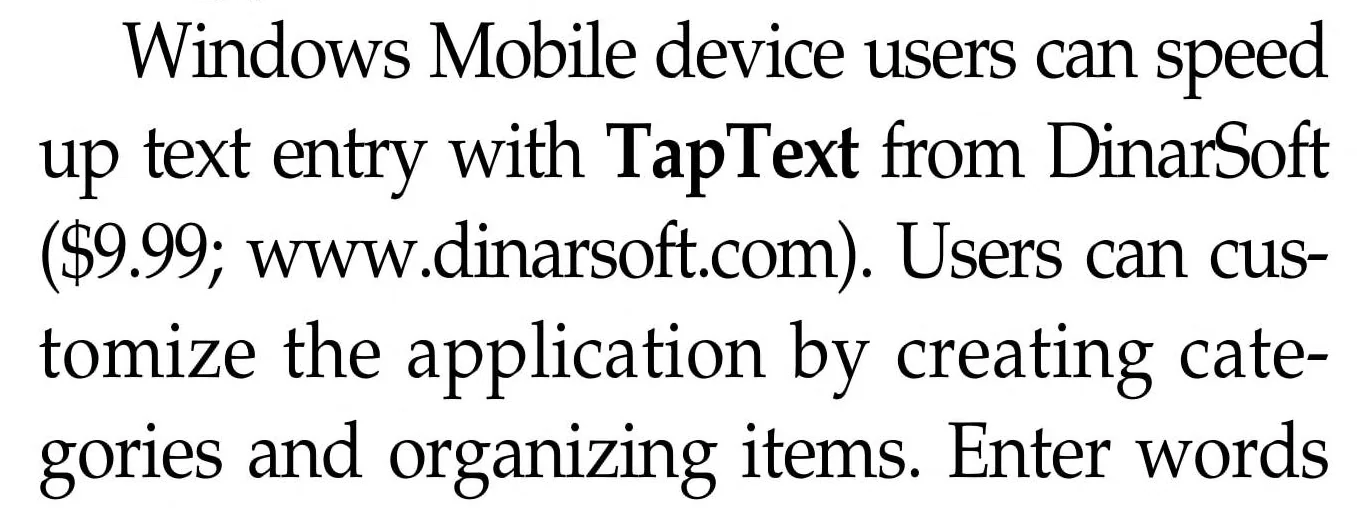 The TapText entry: DinarSoft, $9.99, saved words and phrases in two taps