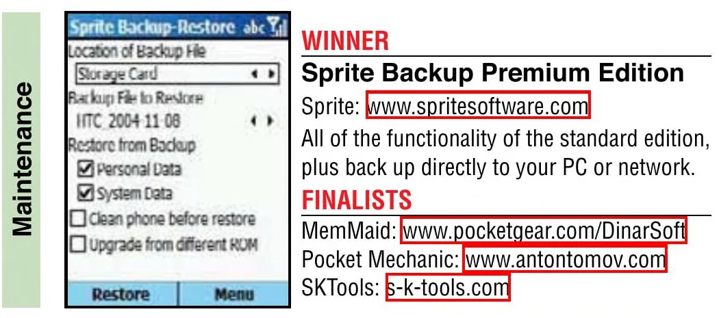 Smartphone & Pocket PC 2006 Buyer’s Guide, page 60: Maintenance, MemMaid finalist