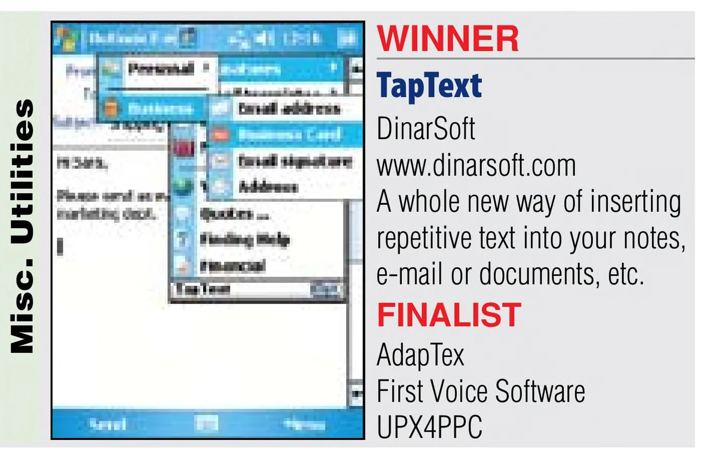 Best Software Awards 2007 report, Touch Screen: TapText, winner in Misc. Utilities