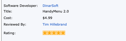 Review box: DinarSoft, HandyMenu 2.0, reviewed by Tim Hillebrand, five stars