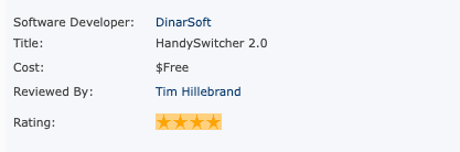 Review box: DinarSoft, HandySwitcher 2.0, reviewed by Tim Hillebrand, four stars