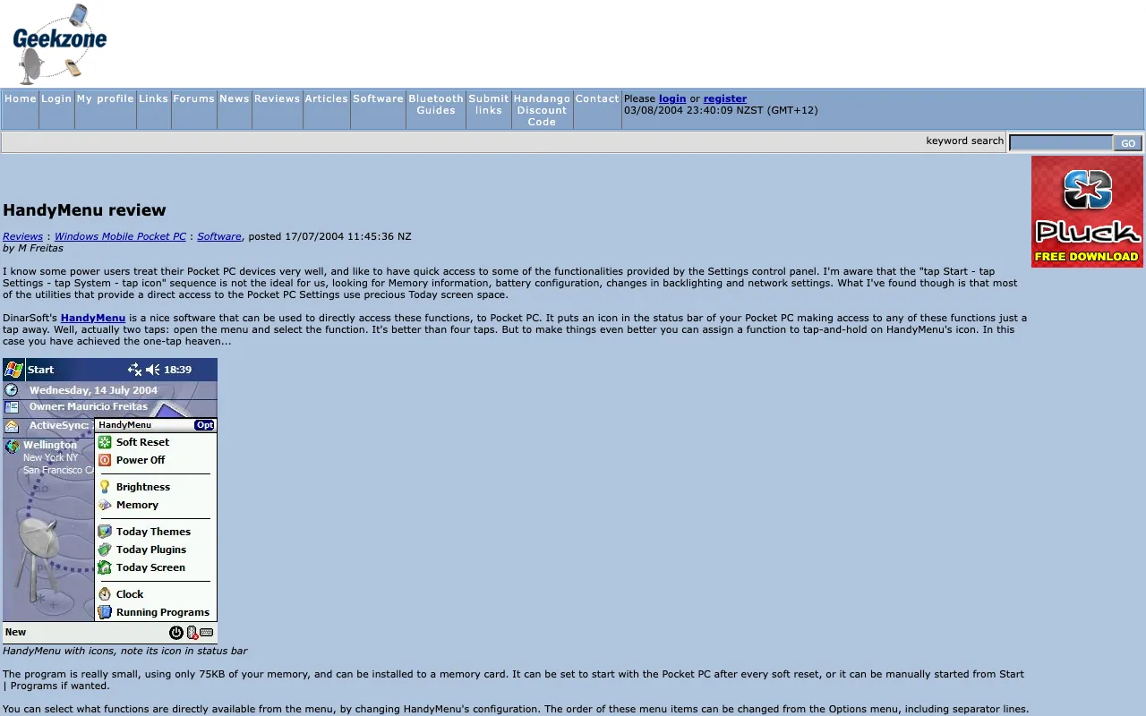 Geekzone, the page with the review, as it first appeared in a 1280 by 800 window
