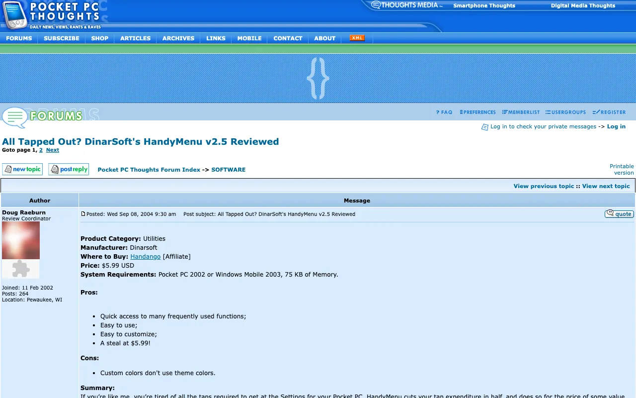 Pocket PC Thoughts, the page with the review, as it first appeared in a 1280 by 800 window