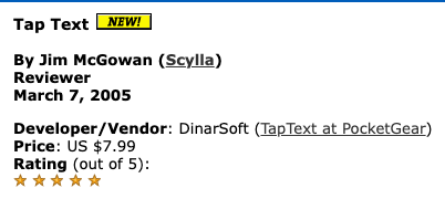 Tap Text, by Jim McGowan, March 7, 2005. Developer DinarSoft, price US $7.99, rating four of five