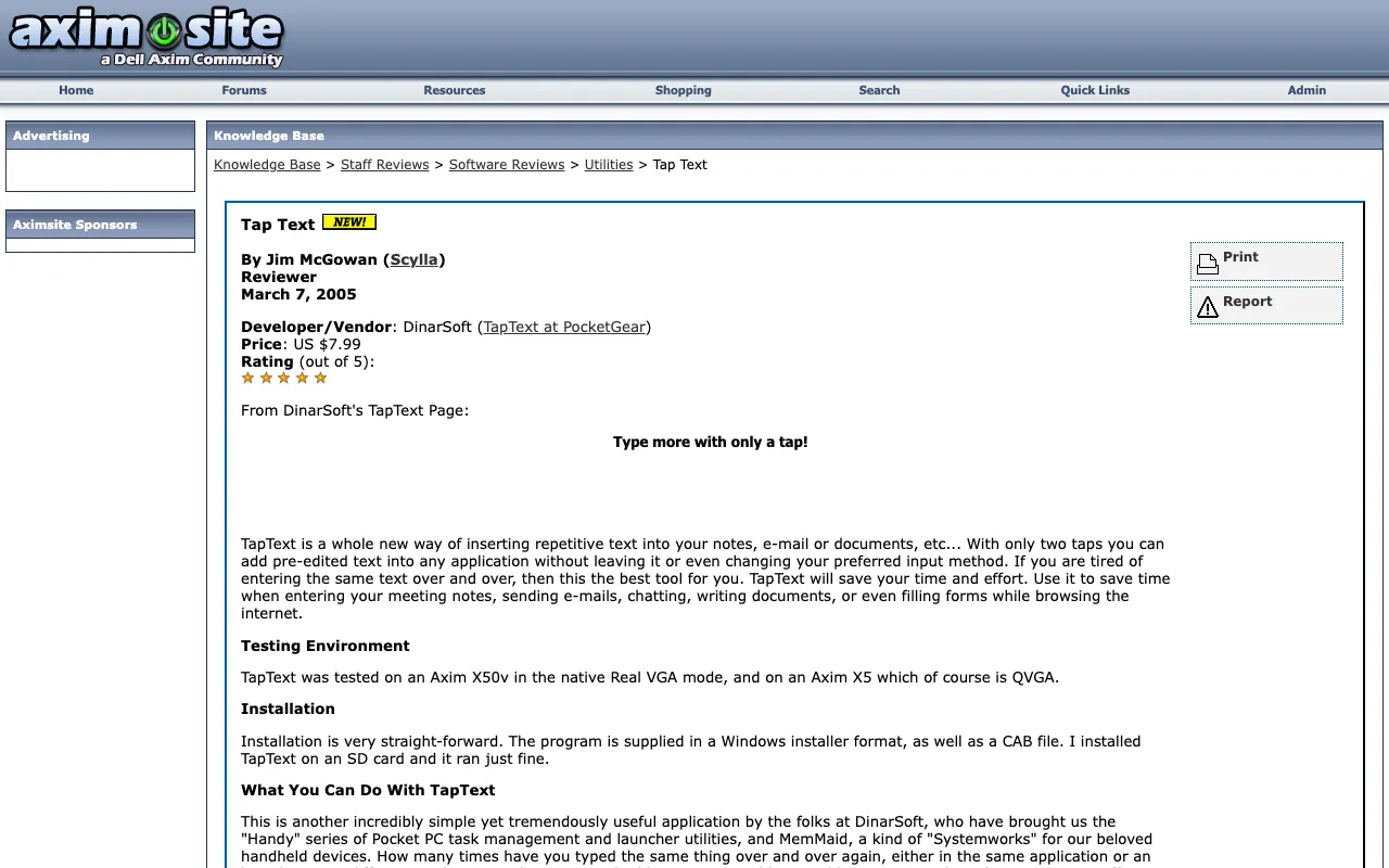 AximSite, the page with the review, as it first appeared in a 1280 by 800 window