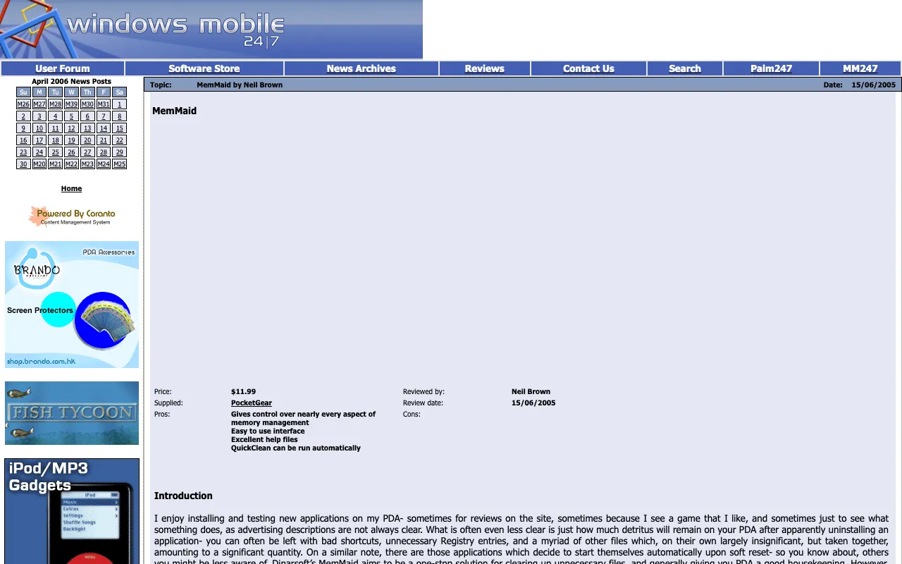 PDA247, the page with the review, as it first appeared in a 1280 by 800 window