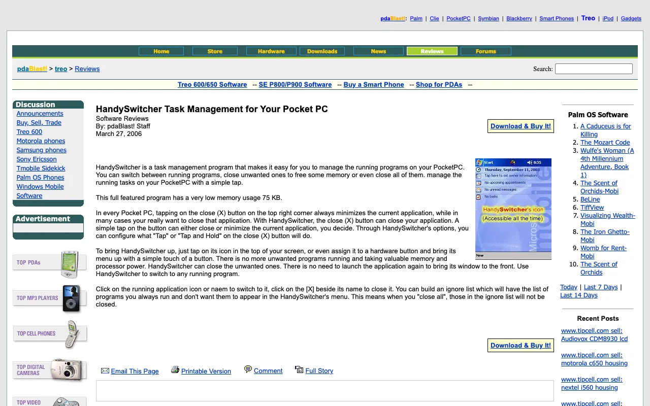 pdaBlast, the page with the review, as it first appeared in a 1280 by 800 window