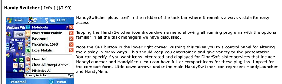 Handy Switcher ($7.99): a screenshot of its menu, and how it sits in the task bar, always visible