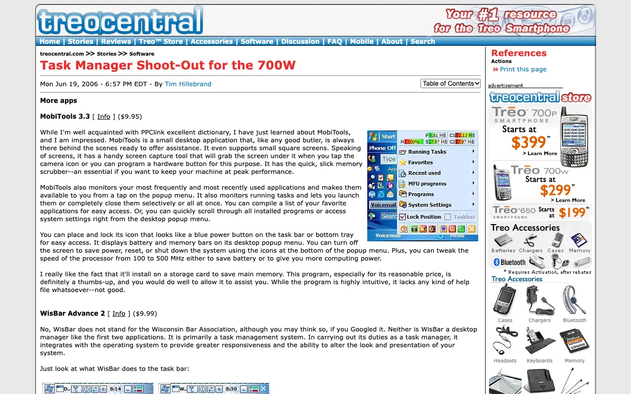TreoCentral, the page with the review, as it first appeared in a 1280 by 800 window