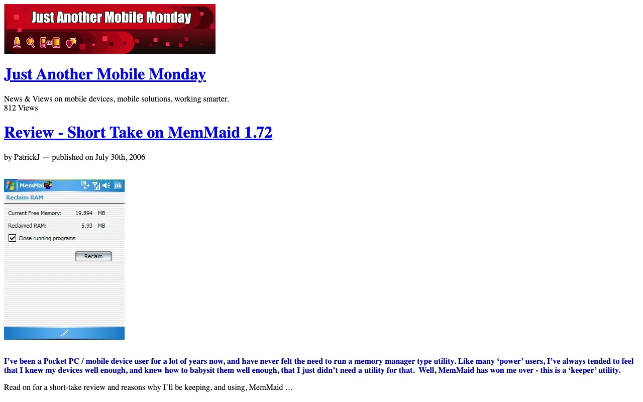 Just Another Mobile Monday, the page with the review, as it first appeared in a 1280 by 800 window
