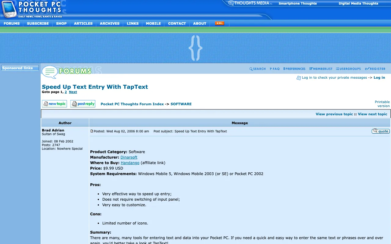 Pocket PC Thoughts, the page with the review, as it first appeared in a 1280 by 800 window