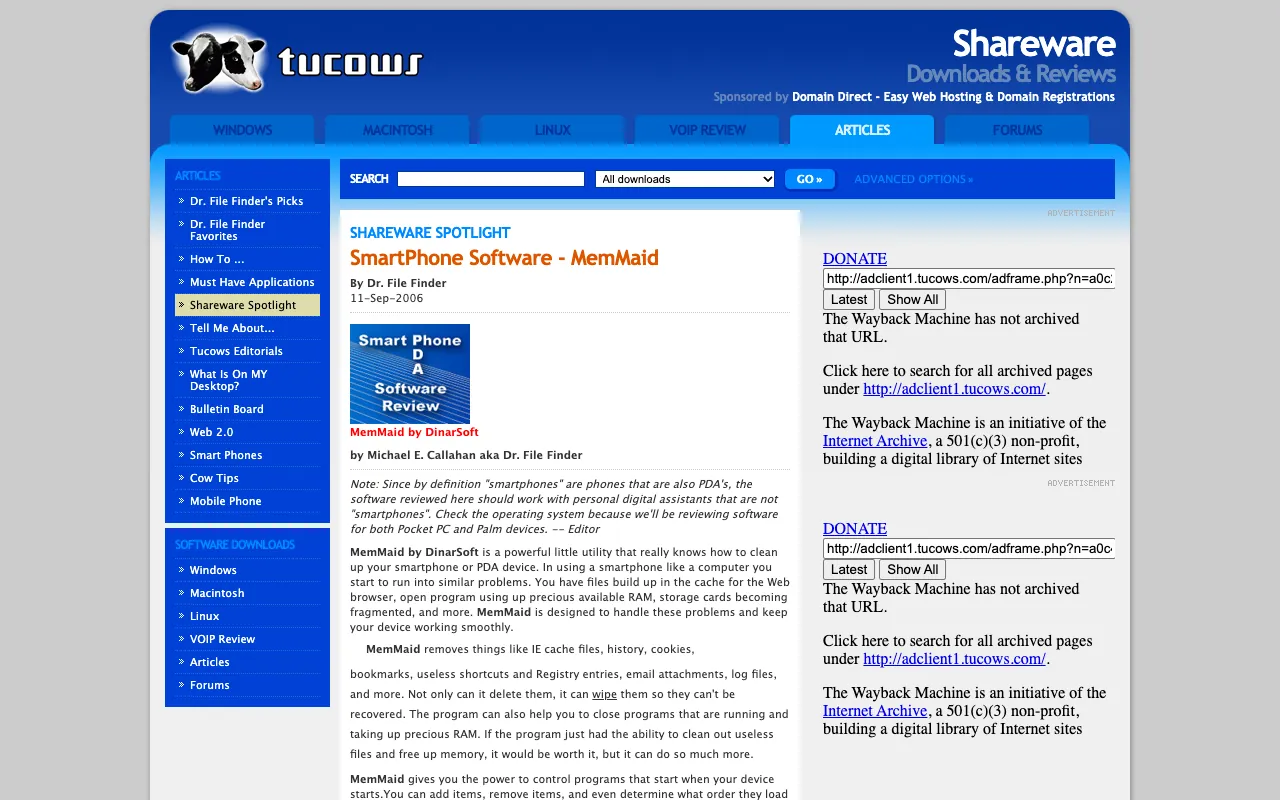 Tucows, the page with the review, as it first appeared in a 1280 by 800 window