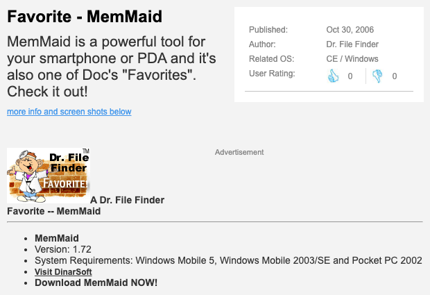 Favorite, MemMaid: a powerful tool for your smartphone or PDA, and one of Doc’s Favorites. Version 1.72.