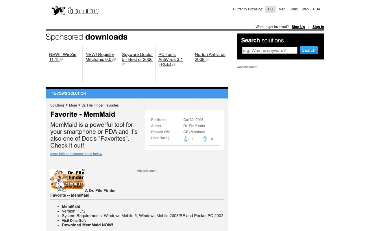 Tucows, the page with the review, as it first appeared in a 1280 by 800 window