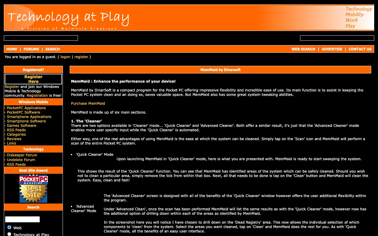 Technology at Play, the page with the review, as it first appeared in a 1280 by 800 window