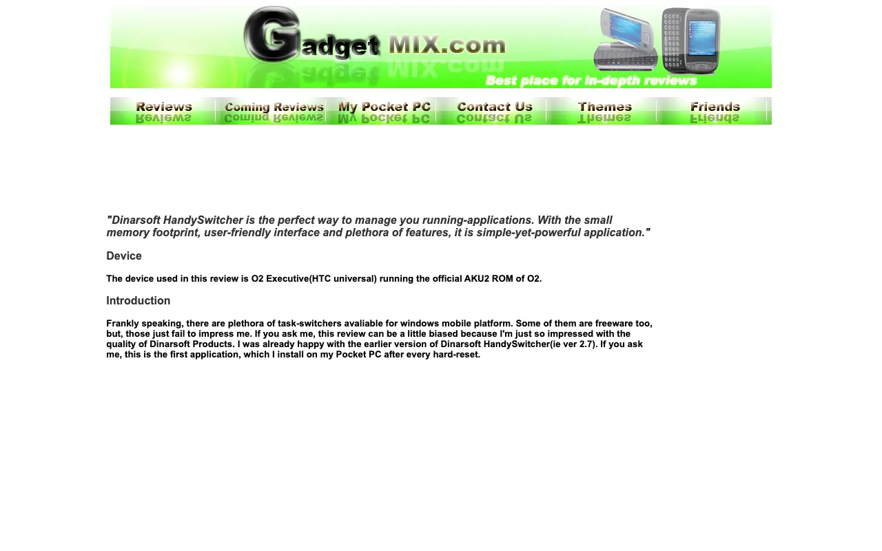 GadgetMix, the page with the review, as it first appeared in a 1280 by 800 window