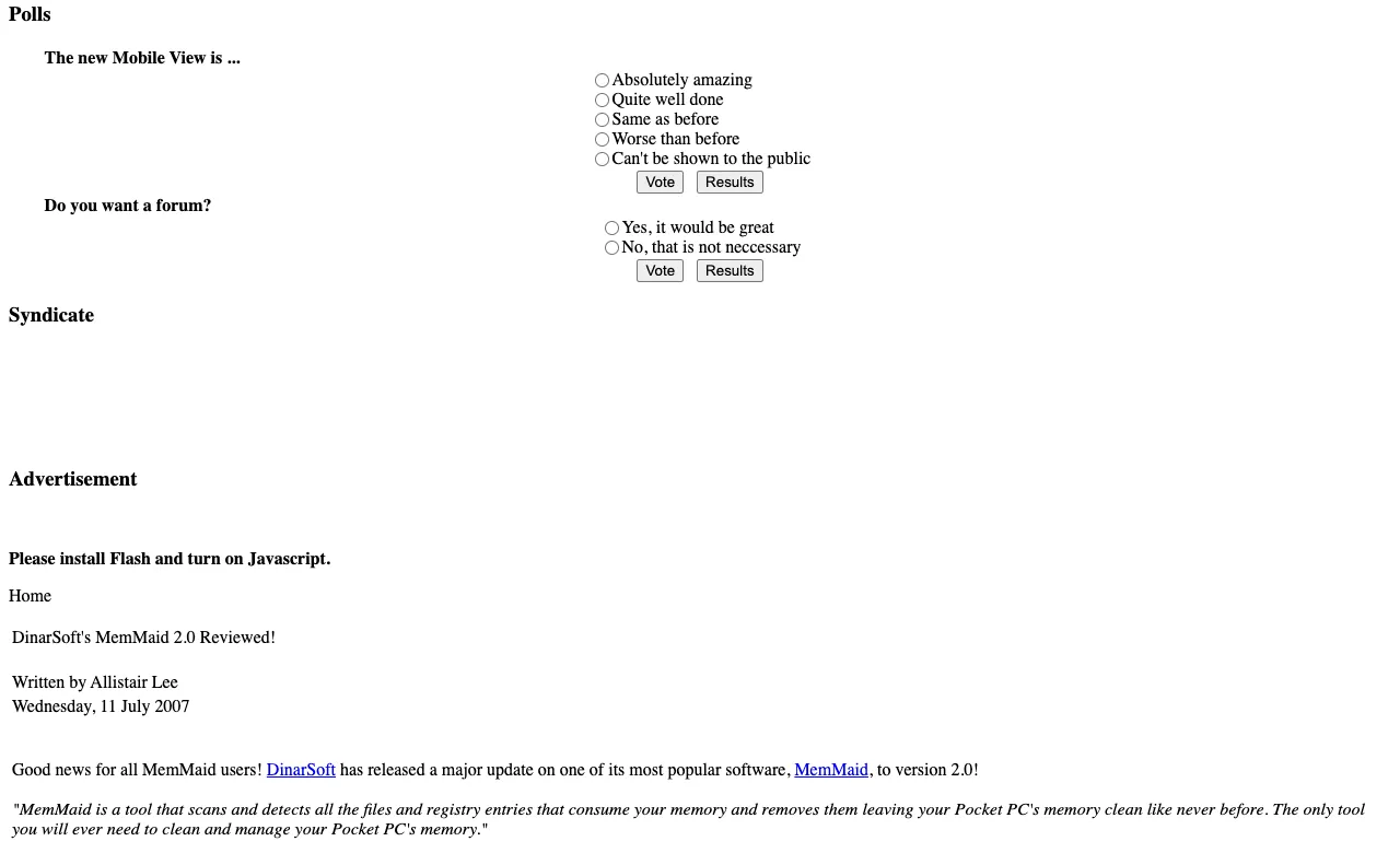 Mobile-View, the page with the review, as it first appeared in a 1280 by 800 window