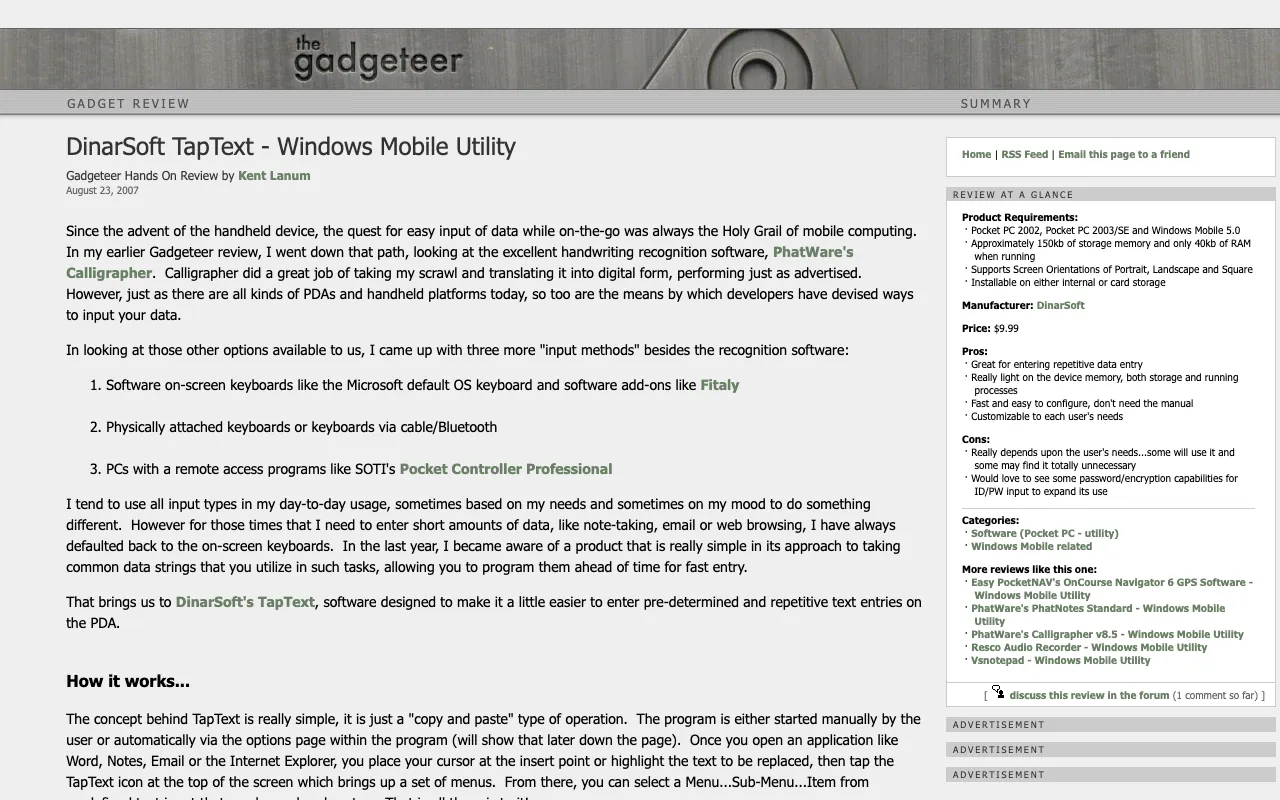 The Gadgeteer, the page with the review, as it first appeared in a 1280 by 800 window