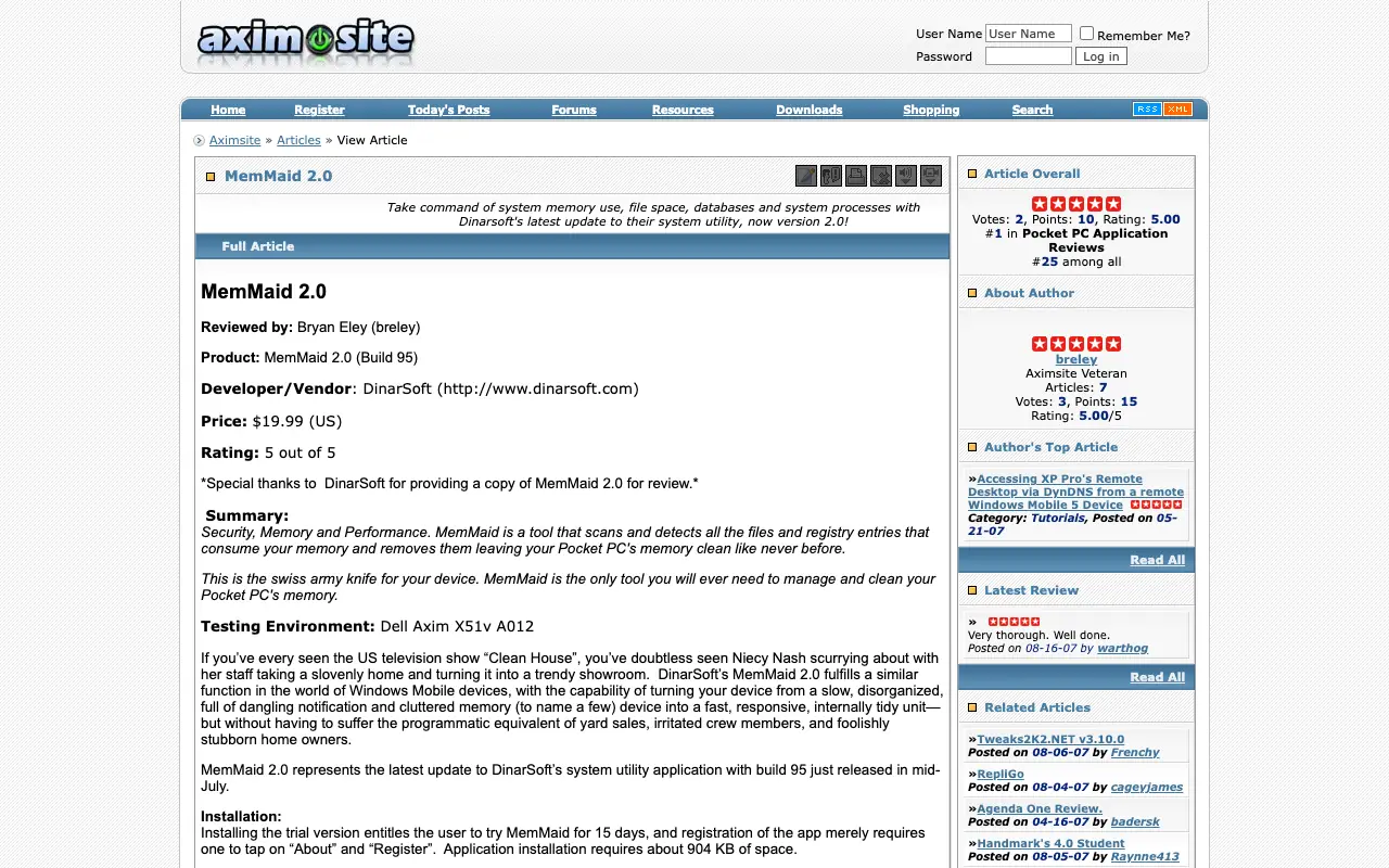 AximSite, the page with the review, as it first appeared in a 1280 by 800 window
