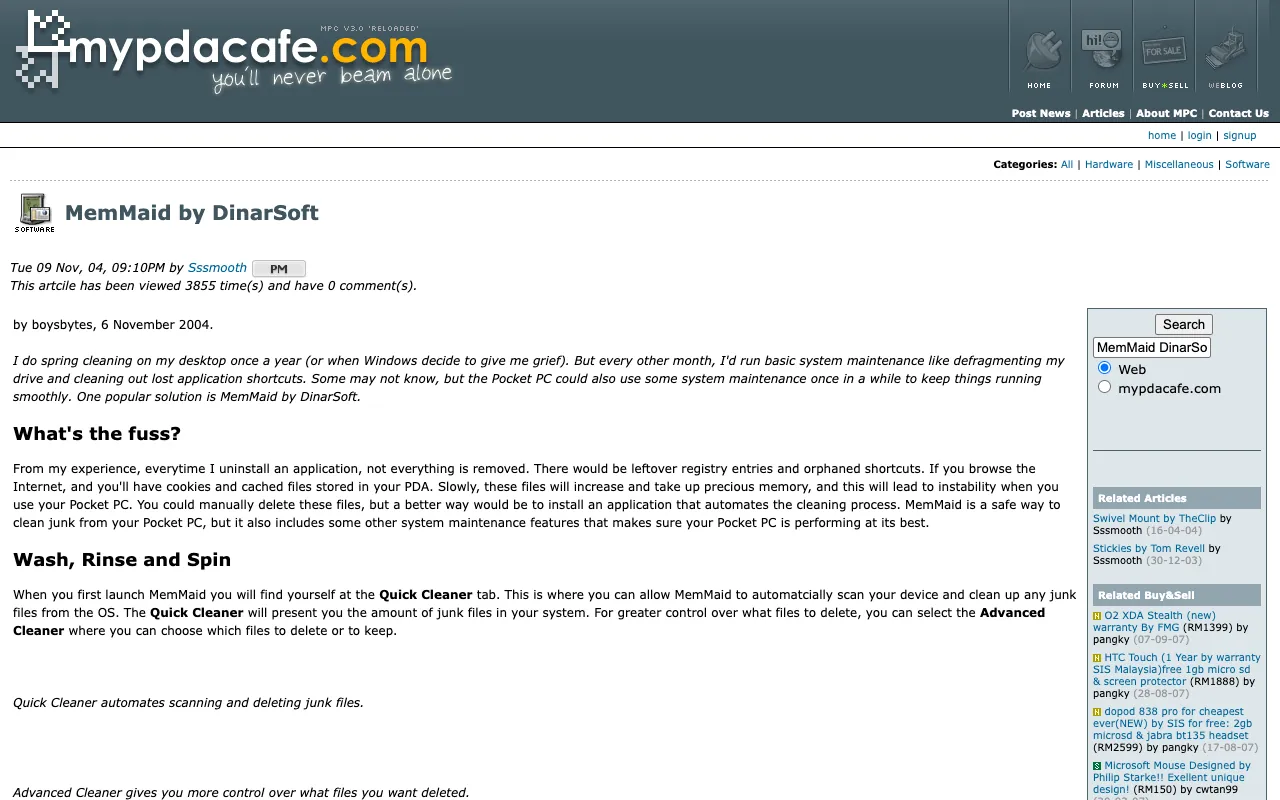 MyPDACafe, the page with the review, as it first appeared in a 1280 by 800 window