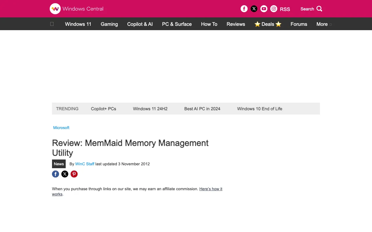Windows Central, the page with the review, as it first appeared in a 1280 by 800 window