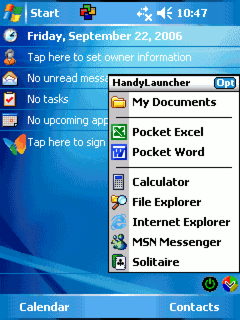 HandyLauncher open: My Documents, Pocket Excel, Pocket Word, Calculator, File Explorer, Internet Explorer, MSN Messenger and Solitaire.