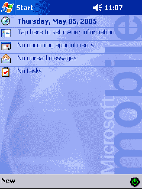 The Today screen of a Pocket PC in May 2005, with HandyMenu’s green power icon at the bottom right.