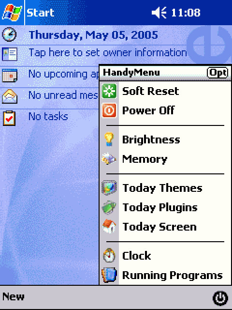HandyMenu open: Soft Reset, Power Off, Brightness, Memory, Today Themes, Today Plugins, Today Screen, Clock and Running Programs, each with its icon.