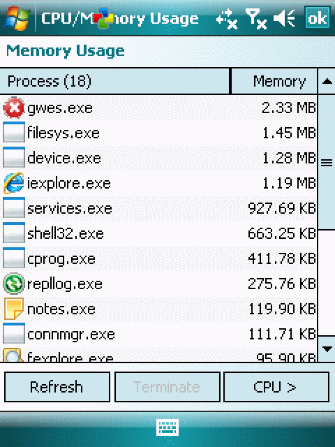 CPU and Memory Usage: 18 processes and the memory each one holds, with Refresh, Terminate and CPU buttons.