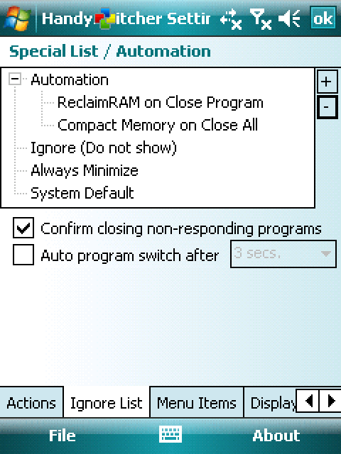 HandySwitcher Settings, Ignore List: automation rules such as Reclaim RAM on Close Program, and an option to confirm before closing programs that do not respond.
