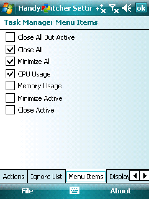 HandySwitcher Settings, Menu Items: checkboxes for Close All But Active, Close All, Minimize All, CPU Usage, Memory Usage, Minimize Active and Close Active.