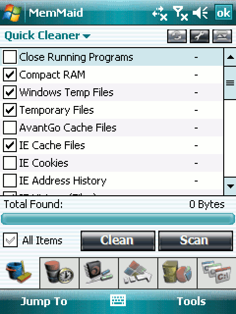 MemMaid 2, Quick Cleaner: a checklist of what to clean, from closing running programs to Internet Explorer’s cache, with Clean and Scan buttons.