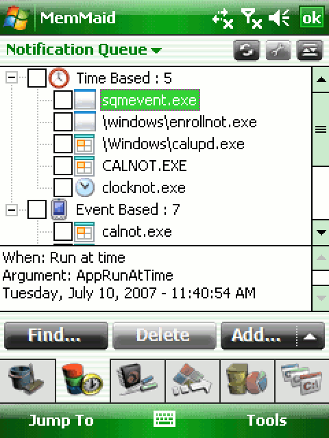 Notification Queue: reminders the system will fire by time or by event, each with its program, its argument and when it runs.