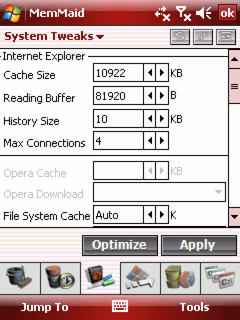 System Tweaks: Internet Explorer’s cache size, reading buffer, history and connections, with Optimize and Apply buttons.