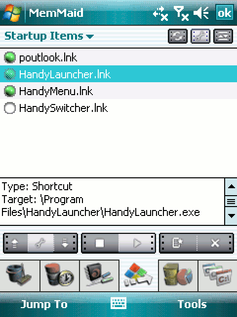 Startup Items: the shortcuts that run when the device starts, HandyLauncher, HandyMenu and HandySwitcher among them, with buttons to reorder or remove them.
