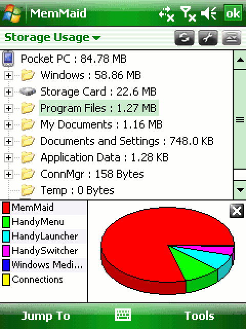 Storage Usage: a folder tree with the size of each folder, over a 3D pie chart of the apps that use the most space.