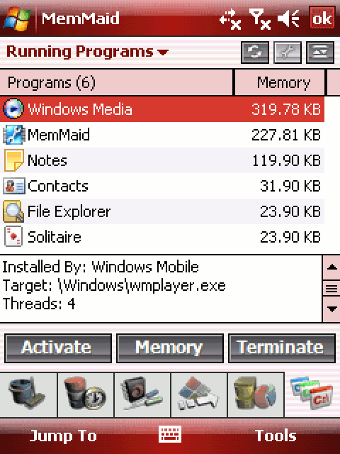 Running Programs: Windows Media, MemMaid, Notes, Contacts, File Explorer and Solitaire with the memory each one holds, and Activate, Memory and Terminate buttons.