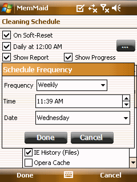 Cleaning Schedule: clean on soft reset or daily at 12:00 AM, with a Schedule Frequency dialog set to weekly, on Wednesday.