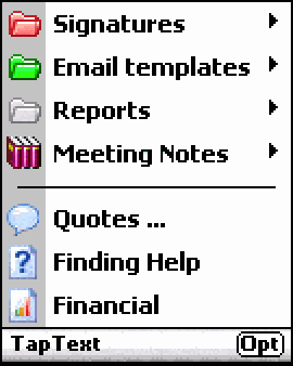 TapText’s menu: Signatures, Email templates, Reports, Meeting Notes, Quotes, Finding Help and Financial, each with its icon.