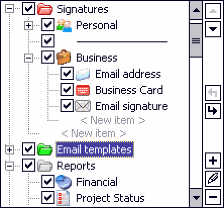 TapText’s options: a tree of menus and items, from Signatures and Business Card to Email templates and Project Status, with buttons to add, edit and reorder.