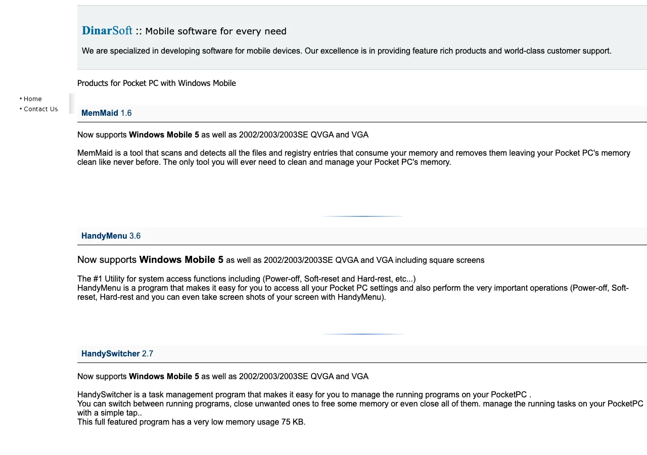 dinarsoft.com in May 2006: a plain frames site, the words DinarSoft :: Mobile software for every need, and MemMaid 1.6, HandyMenu 3.6 and HandySwitcher 2.7.