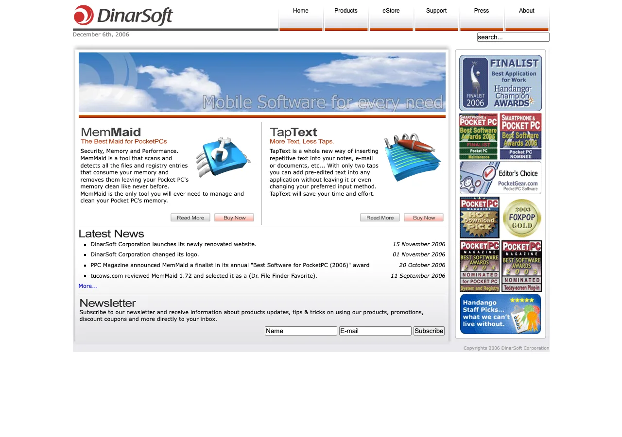 dinarsoft.com in December 2006: the new red logo, a sky banner with the tagline, MemMaid and TapText, the latest news, and a column of award badges.